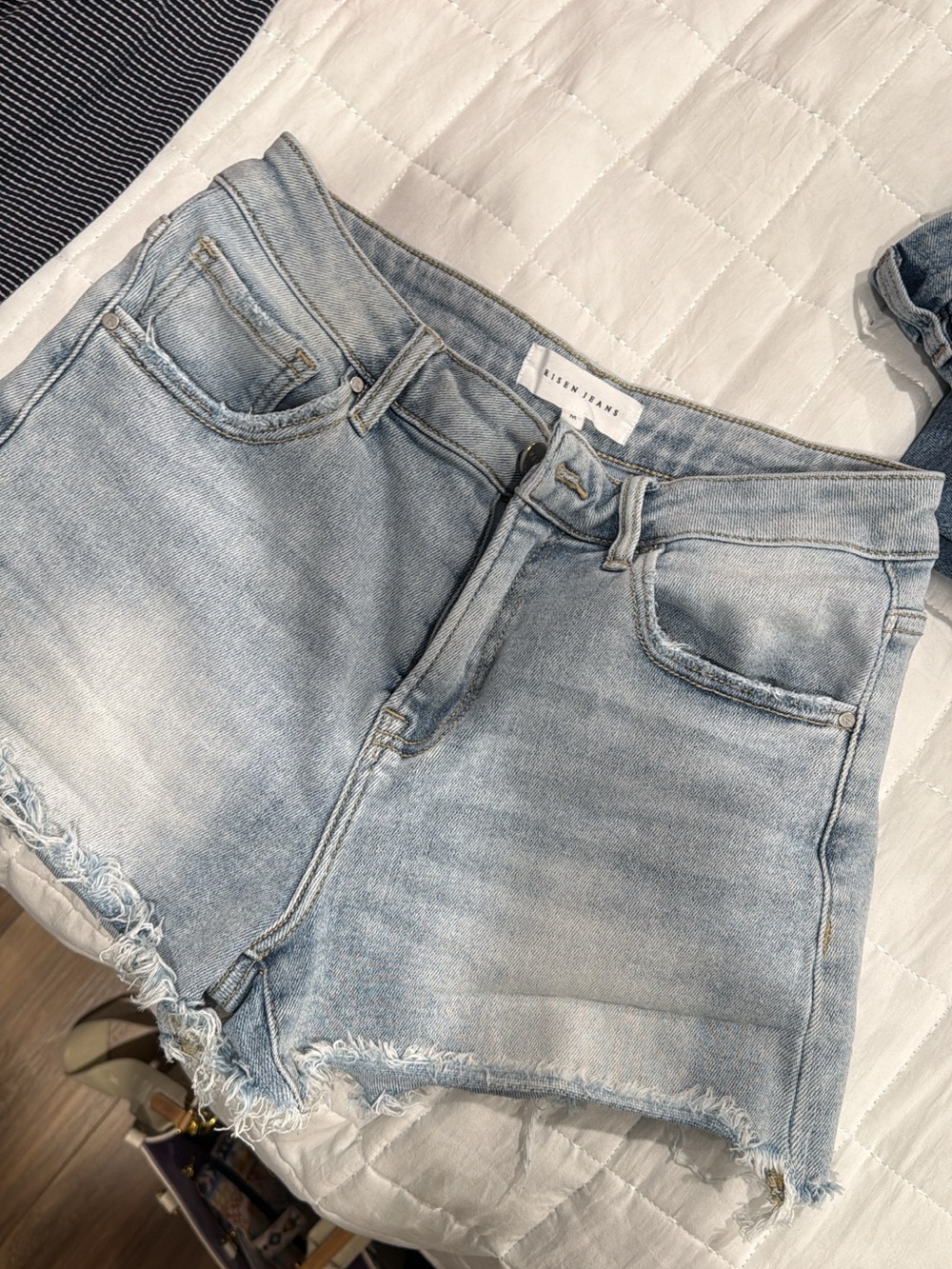Light Blue Frayed Denim Shorts - High Waist Cutoff